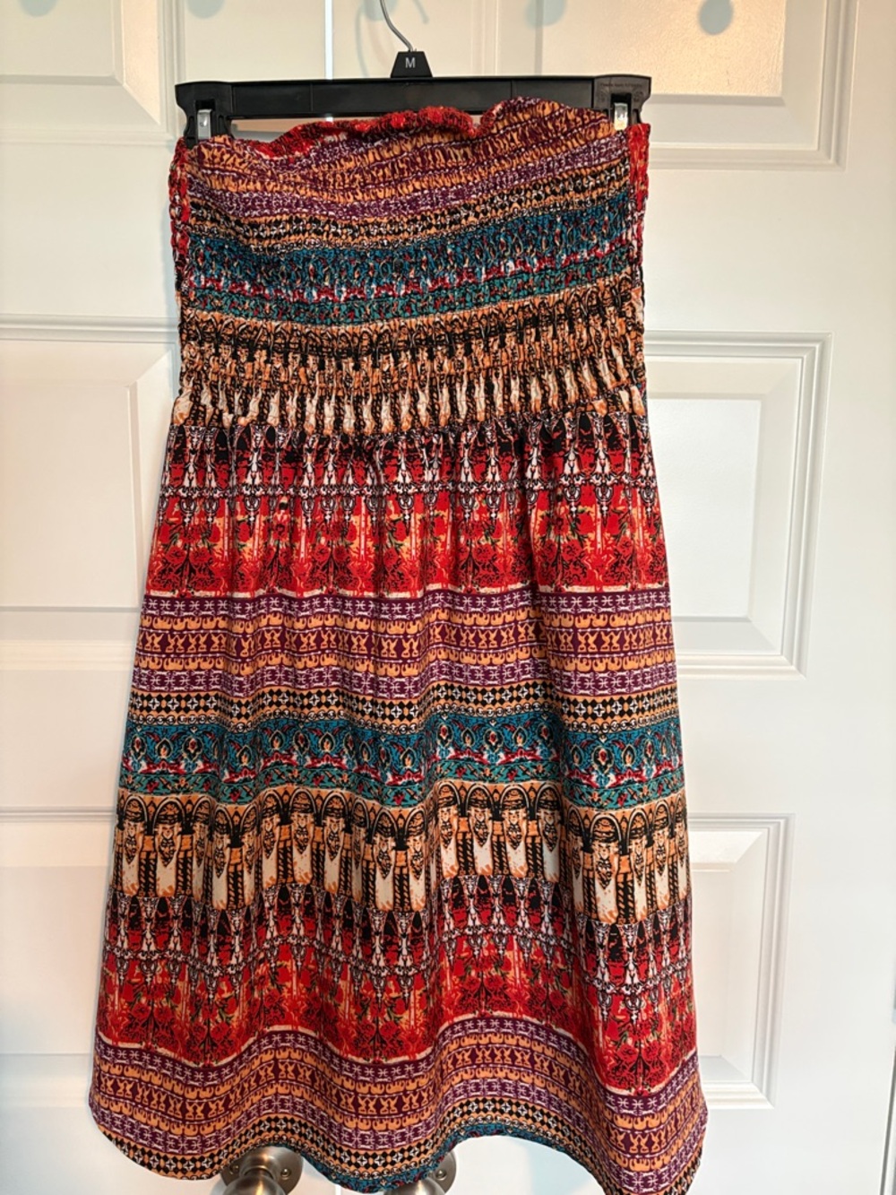 SHEIN Red Teal Smocked Boho Midi Skirt